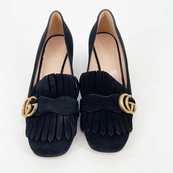 Gucci Marmont Black Suede GG Logo Kiltie Fringe Block Heel Loafer Pumps EU 37 - Picture 5 of 14